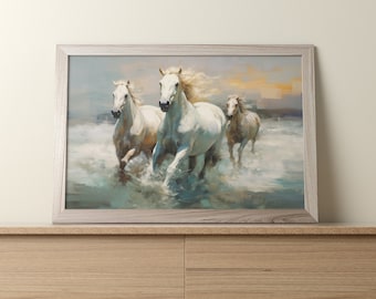 Horses Running in the Beach, Horse Painting, Animal Wall Art, Vintage Art Print, Antique Horse Decor, Rustic Farmhouse Home Decor