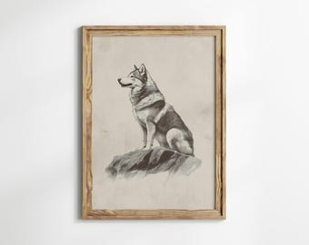Huskey tekening Art Print, natuur muur decor, dierenvriend cadeau, decor hond huis, rustieke esthetiek, Scandinavische stijl, decor kinderkamer