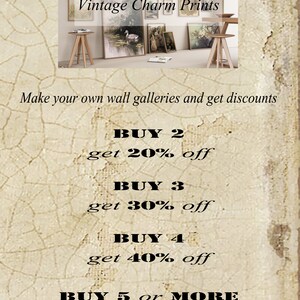 May include: A collage of vintage charm prints with text overlay that reads "Vintage Charm Prints". The text below the collage reads "Make your own wall galleries and get discounts". The text below that reads "BUY 2 get 20% off, BUY 3 get 30% off, BUY 4 get 40% off, BUY 5 or MORE get 50% off".