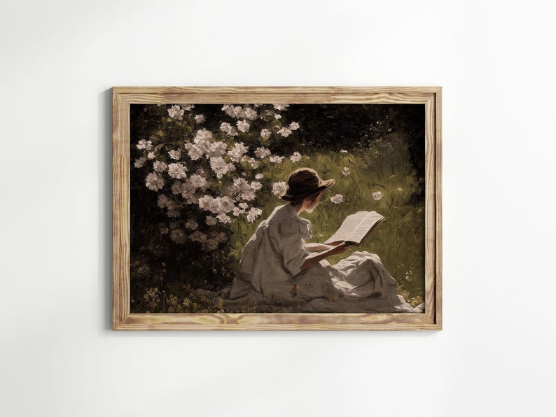 Young Girl Reading in Country Garden, Muted Spring Green Oil Painting, Neutral Farmhouse Home Decor, Impressionist Portrait Painting Print image 1