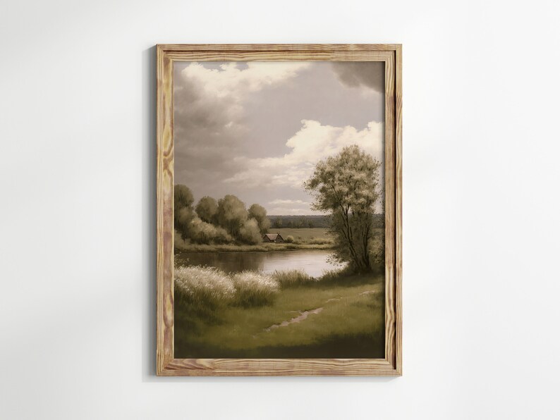 Peinture d'arbre de printemps, impression de paysage de pays antique rustique, tons sourds vintage, décor de ferme neutre, décor d'art mural téléchargeable image 1