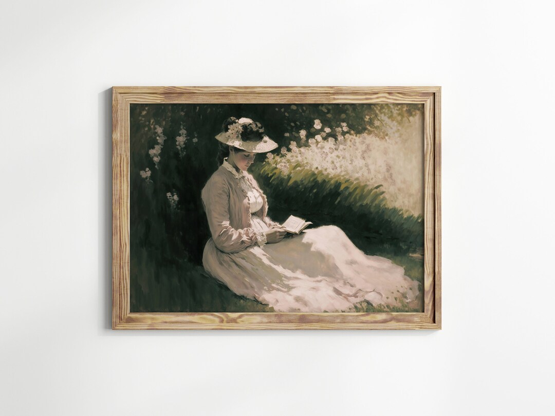 Woman Reading in Garden Portrait Print, Country Spring Vintage Painting ...