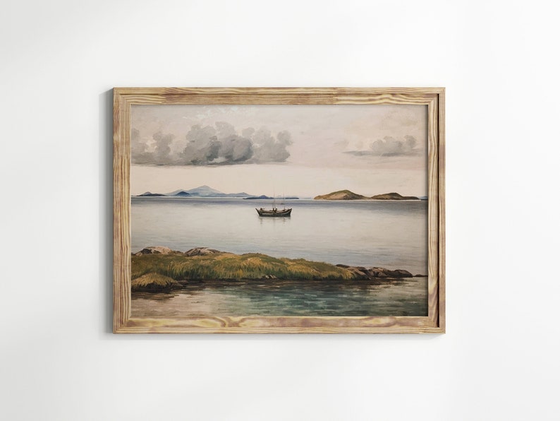 Boat Navigating a Relaxing Seascape, Nautical Wall Decor, Vintage Maritime Art, Antique Ocean Wall Art, Boat Print, Muted Colors Painting image 1