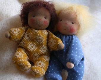 Handmade waldorf pocket doll. Brushable hair. Cotton fabric. OOAK. (12.5 and cm- 5 and 5.5 inch)