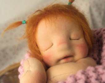 Handmade sleeping Waldorf baby doll. Brushable hair. 11 inches-28 centimeters. Natural fibers.