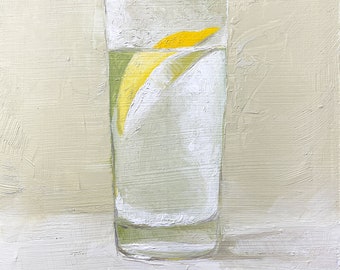 Pintura al óleo de vaso de agua de 6x8 Obra de arte original / Agua de limón