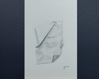 Original Colored Pencil Drawing, Crumpled Paper Still Life Art