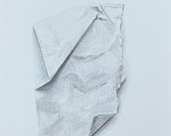 Dibujo hiperrealista en papel arrugado, 7 x 11, obra de arte original / Estudio de papel n.º 1