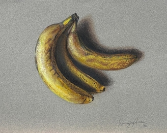 Dibujo hiperrealista de un plátano en técnica mixta, obra de arte original de 9 x 12 pulgadas / No hay plátanos