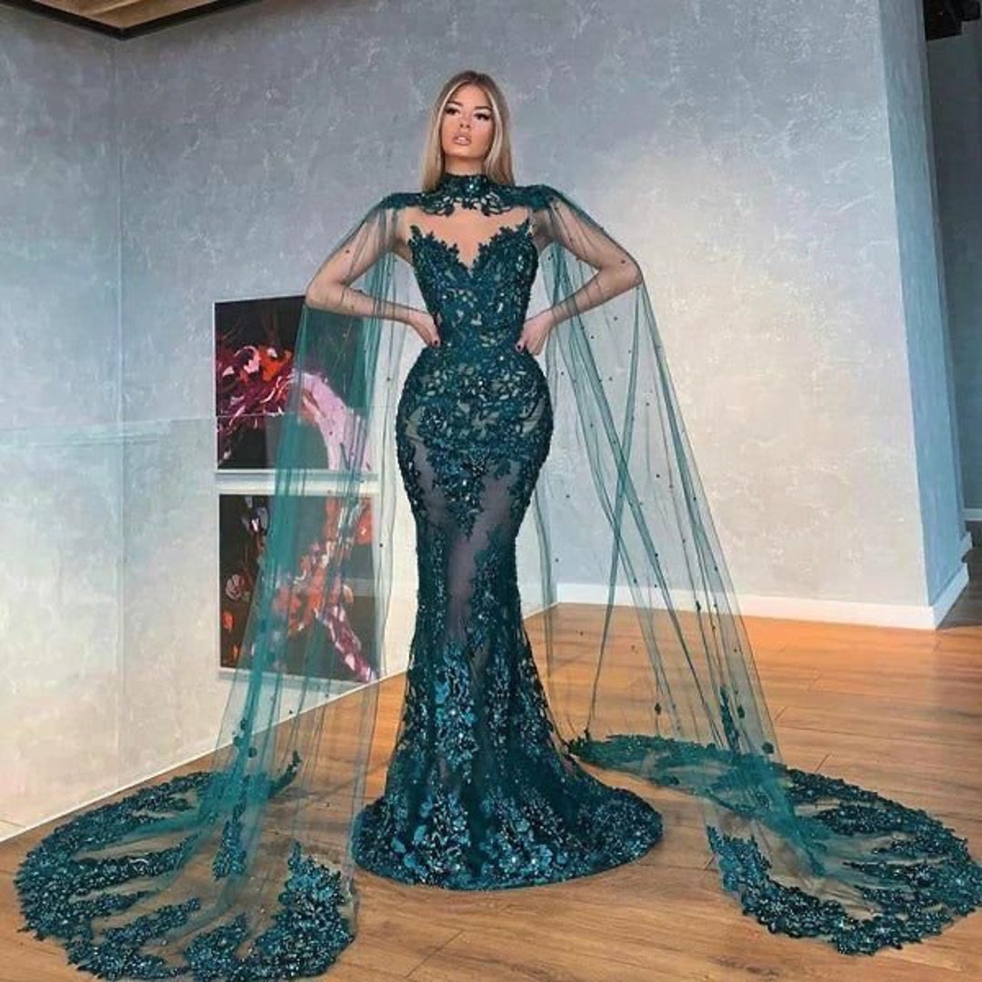 Luxury Beadings mermaid Prom Dress Long Sleeves with Tulle Train main image 1