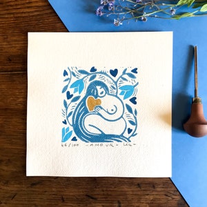 Linocut "LOVE" limited edition, small square format 20x20cm