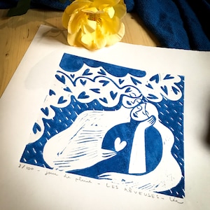 Linocut "rainy day" series LES RÊVEUSES, square format 30cm, blue and white