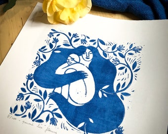 Linocut “among the flowers” series LES RÊVEUSES, square format 30cm, blue and white