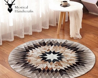 Handmade Round Cowhide Rug: Genuine Leather Patchwork Area Rug
