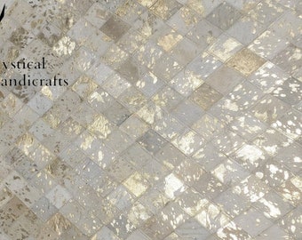 Handcrafted Gold & White Cowhide Patchwork Rug: Chic Area Rug