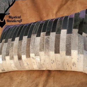 Handmade by 14x22 rastic Pillow Chic Cowhide lumbar pillow silvar grey  Black & ivory patchwork Navajo Design Free shipping,