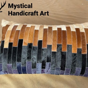 Handmade Cowhide Lumbar Pillow, Rustic Chic Patchwork Design