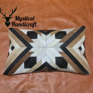 Handmade Leather Lumbar Pillow Cover: Rustic Geometric Design