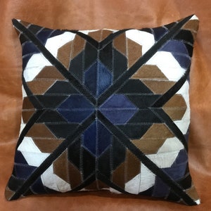 Handmade Geometric Cowhide Leather Pillow Cover: Modern Chic Design