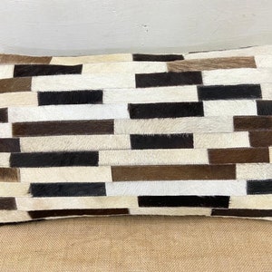 Handmade Cowhide Lumbar Pillow: Boho Chic Black & White Patchwork