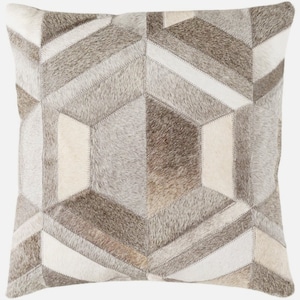 May include: A square throw pillow with a geometric pattern made of different shades of grey and white leather. The pillow has a soft, textured surface.