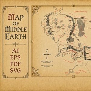 May include: A tan-colored map of Middle-earth featuring black mountain ranges, rivers, and red text labels. The left side displays the text Map of Middle-earth, AI, EPS, PDF, and SVG. A compass rose and a scale bar are visible in the center.