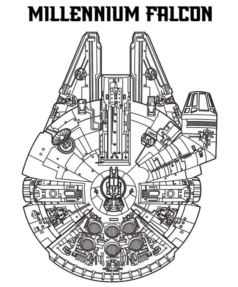 May include: Black and white line art illustration of the Millennium Falcon spaceship, with the text "MILLENNIUM FALCON" at the top. The image shows detailed mechanical components and the iconic circular design of the spacecraft.