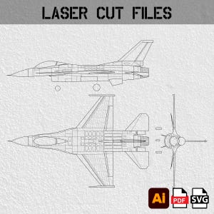 May include: Line drawings of a fighter jet, including top, side, and rear views, labeled "LASER CUT FILES." Includes file format icons for AI, PDF, and SVG. The design is in black lines on a textured, light gray background.