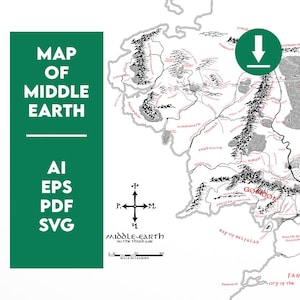 May include: A black and white map of Middle Earth with the text "MAP OF MIDDLE EARTH" in white on a green background. The map includes the text "AI EPS PDF SVG". A download icon is in the upper right corner.