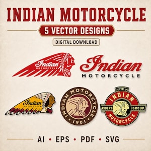 May include: A digital collection of five Indian Motorcycle vector designs featuring various logos, including the iconic headdress profile and script text. The image displays the text INDIAN MOTORCYCLE, 5 VECTOR DESIGNS, DIGITAL DOWNLOAD, and file formats AI, EPS, PDF, SVG.