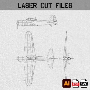 May include: Laser cut files graphic featuring detailed blueprints of a vintage airplane, showcasing top, side, and front views. The design is in black lines on a textured white background. Includes file type icons: AI, PDF, and SVG.