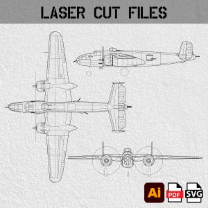 May include: Line drawing of a twin-engine bomber aircraft, presented in top, side, and front views. The image includes the text "LASER CUT FILES" at the top and icons for AI, PDF, and SVG file formats at the bottom.