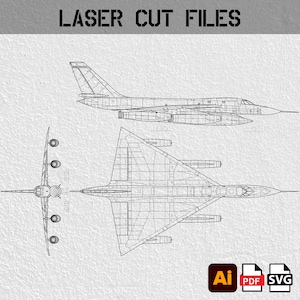 Puede incluir: Ilustración en estilo de plano de un avión a reacción, mostrando vistas superior, lateral y frontal. La imagen incluye el texto "LASER CUT FILES" y los iconos de formatos de archivo AI, PDF y SVG.