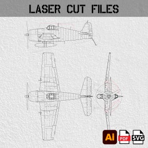May include: Black and white line drawings of a vintage airplane, including top, side, and front views. The image includes the text "LASER CUT FILES" at the top and file type icons for Ai, PDF, and SVG at the bottom.