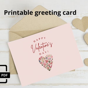 Сute minimalistic Valentines day card with watercolor floral heart, Ecard, Printable