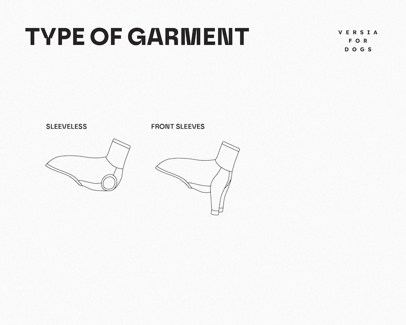 May include: A black and white line drawing chart titled TYPE OF GARMENT VERSIA FOR DOGS. It displays two dog clothing styles: a sleeveless garment with a circular arm opening and a garment featuring front sleeves, both with a high neck collar.