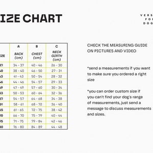 Pu&ograve; includere: Una tabella delle taglie per cani su sfondo bianco con testo nero intitolata SIZE CHART e VERSIA FOR DOGS. La tabella elenca le taglie da 37 a 80 con le misure di schiena, torace e collo in centimetri. Sono incluse istruzioni di misurazione.