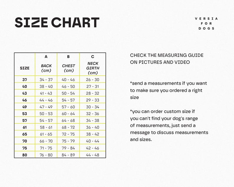 Pu&ograve; includere: Una tabella delle taglie per cani su sfondo bianco con testo nero intitolata SIZE CHART e VERSIA FOR DOGS. La tabella elenca le taglie da 37 a 80 con le misure di schiena, torace e collo in centimetri. Sono incluse istruzioni di misurazione.