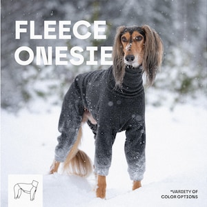 Pu&ograve; includere: Una tutina in pile grigio scuro per cane, dotata di un collo alto a lupetto e maniche lunghe che coprono le zampe. Il testo FLEECE ONESIE &egrave; visibile nell'angolo in alto a sinistra, e il testo VARIETY OF COLOR OPTIONS &egrave; in basso a destra.