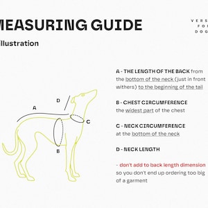 Pu&ograve; includere: Un'illustrazione di guida alla misurazione per cani con il contorno giallo di un cane. Il testo include MEASURING GUIDE, VERSIA FOR DOGS e le etichette A, B, C e D che indicano lunghezza della schiena, circonferenza toracica, collo e lunghezza del collo.