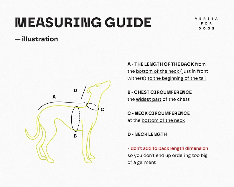 Pu&ograve; includere: Un'illustrazione di guida alla misurazione per cani con il contorno giallo di un cane. Il testo include MEASURING GUIDE, VERSIA FOR DOGS e le etichette A, B, C e D che indicano lunghezza della schiena, circonferenza toracica, collo e lunghezza del collo.
