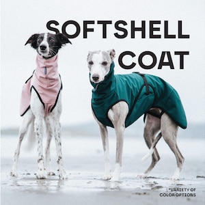 May include: Two dogs wearing softshell coats, one in light pink and one in dark green, both featuring high collars and black trim. The text SOFTSHELL COAT is displayed at the top, with the text *VARIETY OF COLOR OPTIONS at the bottom right.