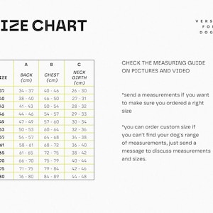 May include: A white size chart for dogs with black text titled SIZE CHART and VERSIA FOR DOGS. The table lists sizes 37 through 80 with corresponding back, chest, and neck girth measurements in centimeters. Instructions for measuring are included.