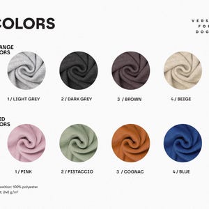 Pu&ograve; includere: Una tabella colori intitolata COLORS VERSIA FOR DOGS che mostra otto campioni di tessuto in cornici circolari. I colori melange includono grigio chiaro, grigio scuro, marrone e beige. I colori solidi includono rosa, pistacchio, cognac e blu. 100% poliestere, 240 g/m&sup2;.