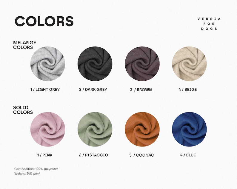 Pu&ograve; includere: Una tabella colori intitolata COLORS VERSIA FOR DOGS che mostra otto campioni di tessuto in cornici circolari. I colori melange includono grigio chiaro, grigio scuro, marrone e beige. I colori solidi includono rosa, pistacchio, cognac e blu. 100% poliestere, 240 g/m&sup2;.