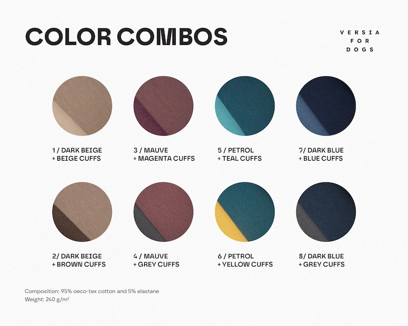 May include: A color chart titled COLOR COMBOS VERSIA FOR DOGS displaying eight circular fabric swatches with specific color pairings: dark beige, mauve, petrol, and dark blue with various cuff colors. Includes composition 95% oeco-tex cotton and 5% elastane, weight 240 g/m&sup2;.