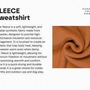 Pu&ograve; includere: Un campione di tessuto per felpa in pile color ruggine con una consistenza morbida e spazzolata. Il testo recita: FLEECE sweatshirt, VERSIA FOR DOGS, e un paragrafo che descrive il pile polare come un tessuto sintetico in poliestere.