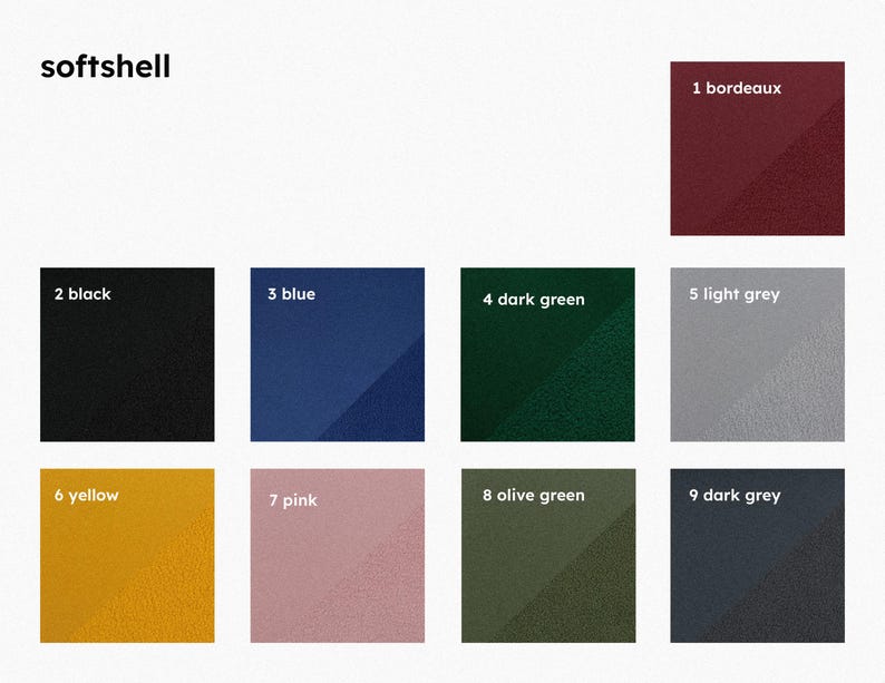 Pu&ograve; includere: Una tavolozza di colori con nove campioni numerati e denominati. I colori includono bordeaux, nero, blu, verde scuro, grigio chiaro, giallo, rosa, verde oliva e grigio scuro. La parola "softshell" &egrave; in alto.
