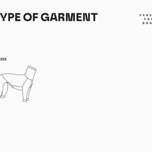 Pu&ograve; includere: Un disegno al tratto in bianco e nero di una tutina per cani. Il testo TYPE OF GARMENT, VERSIA FOR DOGS e ONESIE &egrave; stampato in nero. L'illustrazione mostra un indumento a quattro zampe con un colletto alto e polsini su ogni apertura.