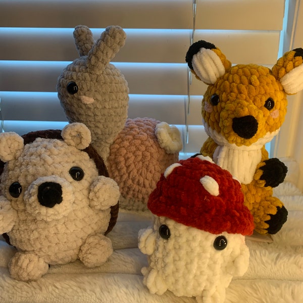 handmade crochet woodland plushies | 4 types of animal hedgehog fox snail mushroom | animal amigurumi | soft plush toy